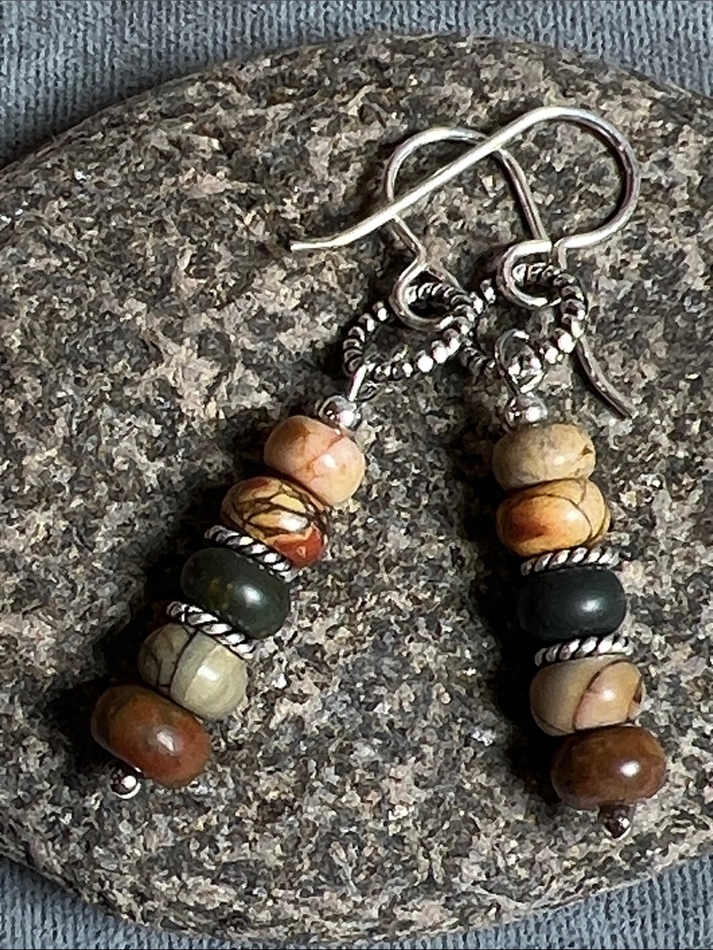Picture Jasper dangle earrings, sterling silver Bali spacers, sterling ear wires - Picture 3 of 8